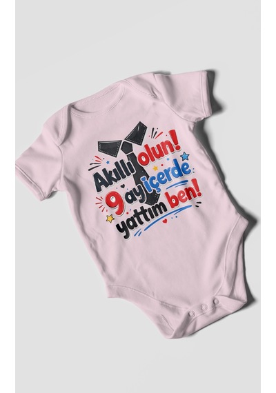 Morivokids Akilli Olun 9 Yazılı Kısa Kollu Bebek Body %100 Pamuk Bebe Pembe