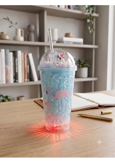 Işıklı Unicorn Ve Flamingo Desenli Çift Katmanlı Jel Buzlu Pipetli Bardak - 450ml - Renk Değiştiren Led Tabanlı Belirtilmemiş