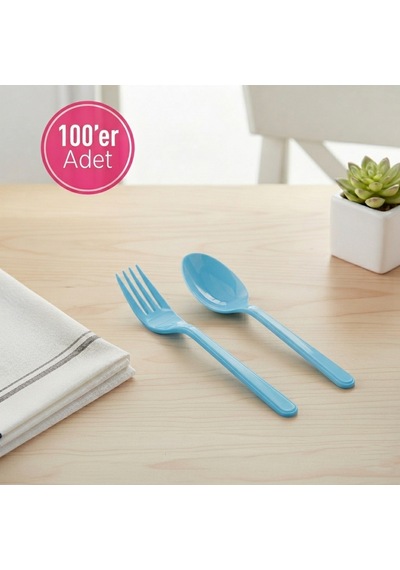 100 'er Adet Mavi Plastik Lüx Çatal Ve Kaşık Seti
