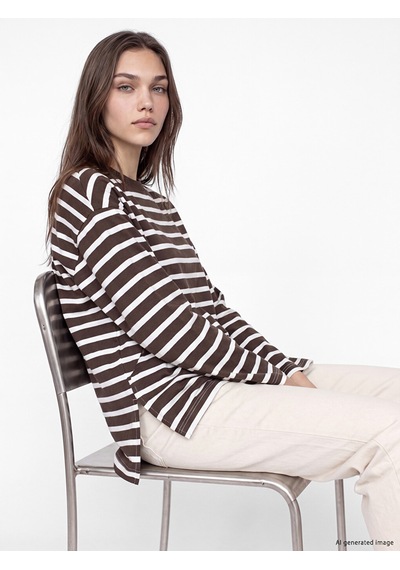 Lcw Modest Ekru Çizgili Oversize Kadın Sweatshirt Tunik