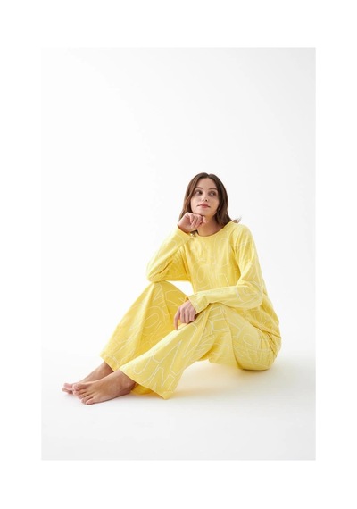 İkikareshop Kadın Oversize Sarı Desenli Pamuklu Kalın Pijama Takımı Çok Renkli