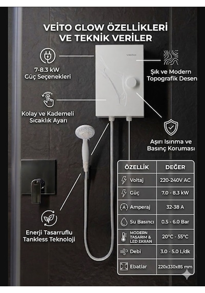 Veito Glow 7-8.3kw Ani Su Isıtıcısı - A Sınıfı Enerji Tasarruflu, Hassas Sıcaklık Kontrollü Şofben Elektirikli Şofben Montaj Dahil Değildir.