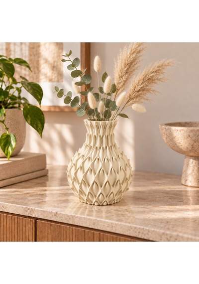 Yaprak Kabartmalı Dekoratif Vazo 20 Cm Kuru Çiçek Ve Pampas Vazosu Fildişi