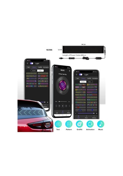 Led Matrix Panel Dijital Ekran Kumandalı App Kontrollü Oto Aksesuar Yayıncı Bilgisayar Odası 12x60cm 16x94