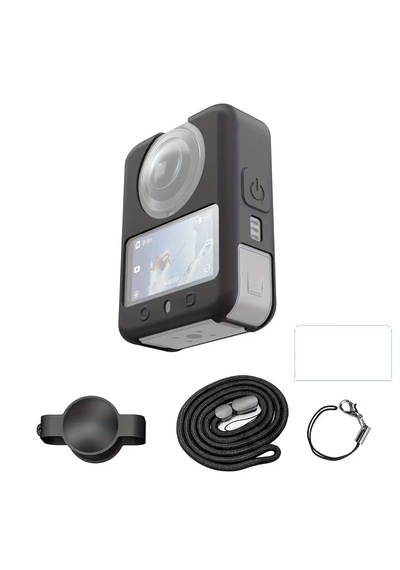DJI Osmo 360 ve 360 II Silikon Kılıf + Lens Cap + Kayış + Temperli Cam Ekran Koruyucu Seti Siyah