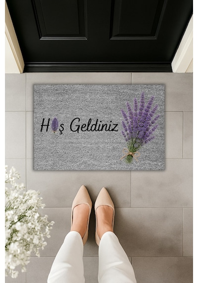 Rugmood Lavanta Desenli Hoş Geldiniz Kapı Önü Paspası Modern Dijital Baskılı Paspas 70x45cm Gri