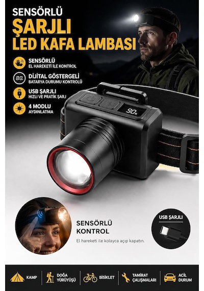 Kafa Lambası Sensörlü Güçlü Led Işıklı Type C Şarjlı Profesyonel Suya Dayanıklı Kamp Av Feneri Diğer