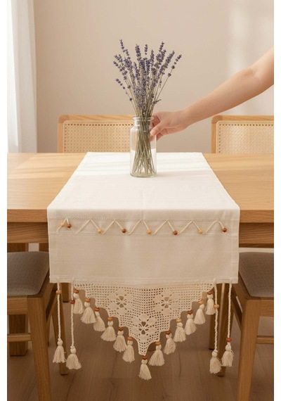 Dantel İşlemeli Boncuklu Runner 50x130 Cm Krem