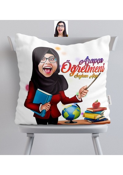 Kişiye Özel Tesettürlü Bayan Öğretmen Karikatürlü Saten Yastık - (382667826)