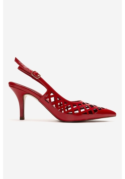 Luvishoes Jever Kırmızı Cilt Lazer Kesim Sivri Burun Slingback Kadın İnce Topuklu Ayakkabı Kırmızı