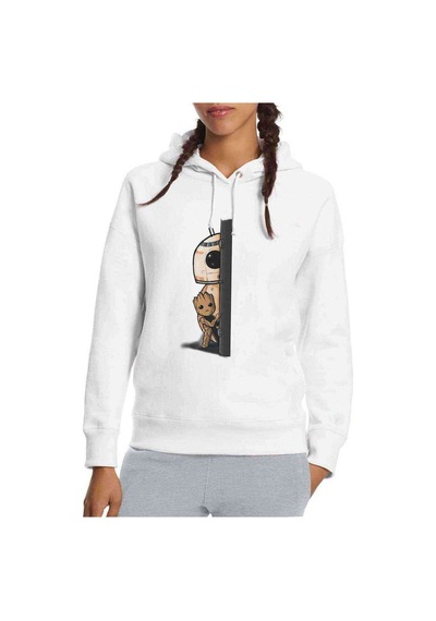 I Am Groot Robotic Baskılı Beyaz Kadın Kapşonlu Sweatshirt