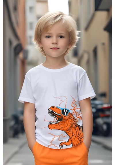 Fyk Kids Gözlüklü Dinazor Baskılı Erkek Çocuk Alt-Üst Takım - Turuncu