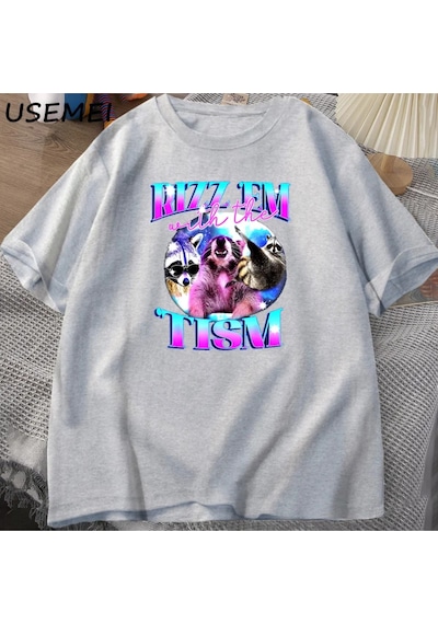 Flood Of Style Rizz Em İle Tism Komik T Shirt Erkekler Vintage Rakun Bootleg T-shirt Otizm Tees Kısa Kollu P Gri