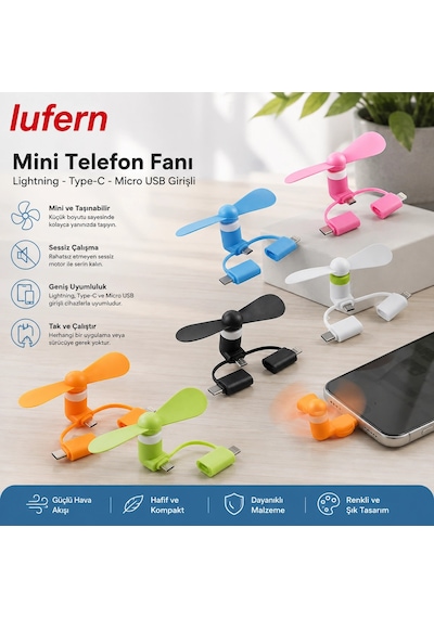 Özel Üretim Mini Telefon Fanı Lightning Type-c Micro Usb Girişli Sessiz Powerbank Pervane Pratik