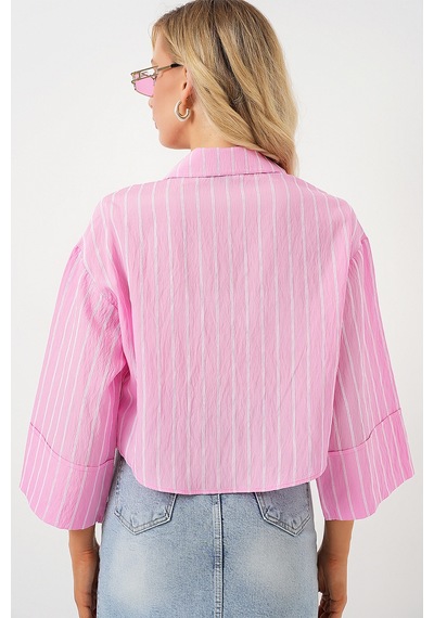 Bigdart Kadın Çizgili Oversize Kısa Gömlek 20326 - Pembe