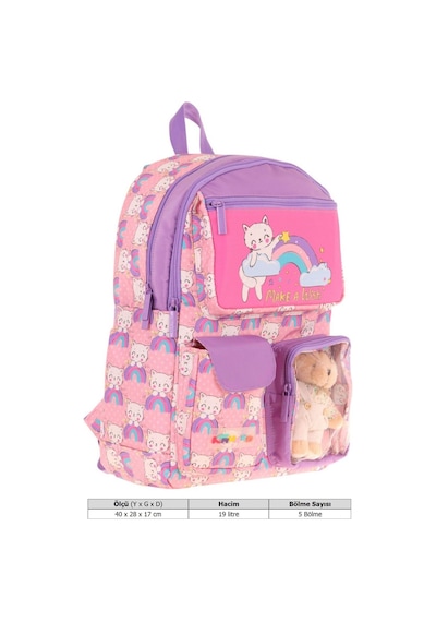 Kaukko Kız Çocuk Peluş Kedili İlkokul Okul Sırt Çantası - Pembe Mor - L5241 Pembe - Mor