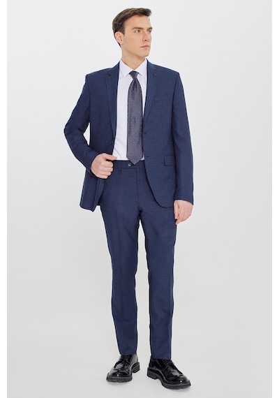 Erkek Lacı Mavı Slim Fit Dar Kesim Mono Yaka Desenli Takım Elbise Lacı Mavı