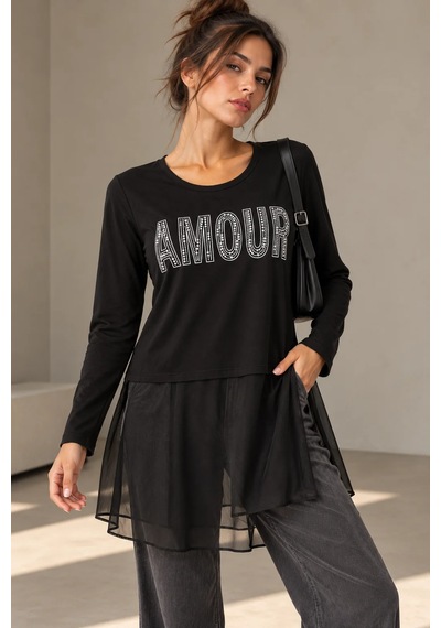 Bb Butik Basic Amour Taş Baskılı Tül Detaylı Uzun Kollu Bluz Fk3535 siyah