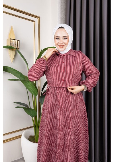 Hira Life Fashion Kadın Bordo Tesettür Giyim Gömlek Detaylı Çizgili Viskon Kıraş Elbise İkili Takım Bordo Bordo Hira Life Fashion Kadın Bordo Tesettür Giyim Gömlek Detaylı Çizgili Viskon Kıraş Elbise İkili Takım Bordo Bordo