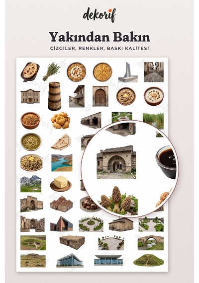 Muş Sticker Seti 100 Adet - Murat Köprüsü Laleler Yöresel Yemekler Gerçekçi Ajanda Journal Çıkartma Çok Renkli