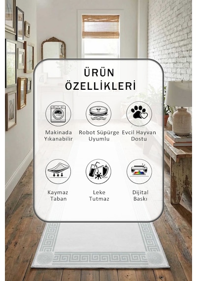 Golday Gri Dijital Baskılı Kaymaz Yıkanabilir Yolluk Gri - Gold