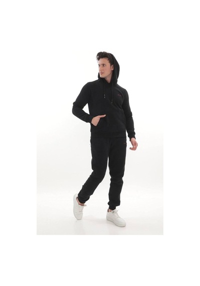 Erkek 3 İplik Kapüşonlu Sweat Üst Siyah Bordo