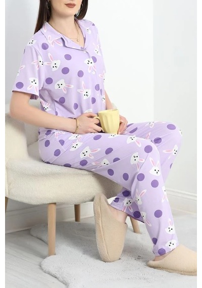 Seka Store Seka Milan Kumaş Düğmeli Pijama Takım Mortavşan - 750.1287. Çok Renkli