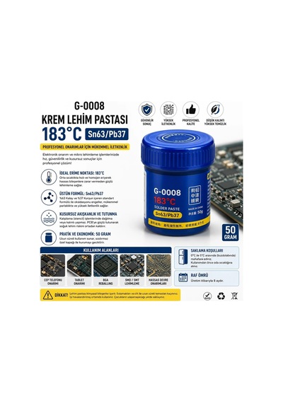 G-0008 183 Derece Sn63/pb37 Anakart Ve Cep Telefonu Tamiri İçin Krem Lehim Pastası 50 Gram