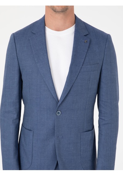 Cacharel İndigo Slim Fit Keten Yün Karışımlı Mikro Desen Mono Yaka Takım Elbise Mavi