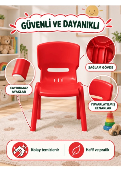 Beylini Çocuk Sandalyesi Anaokulu Kreş Kurs Mini Tabure Dayanıklı Rahat Plastik Kırmızı