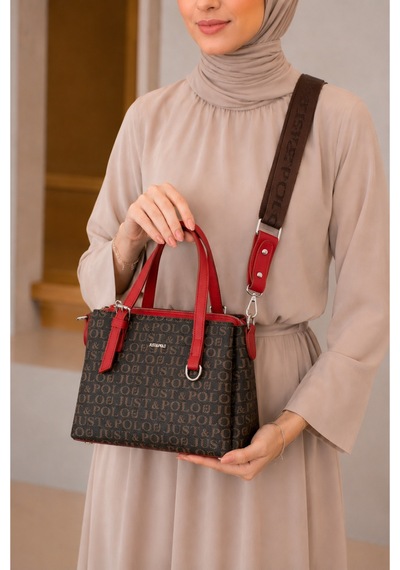 Just Polo Kadın Orta Boy Premium Deri Ayarlanabilir Askılı 3 Bölmeli Şık El & Omuz Çantası Shoulder Bag Kahverengi - Kırmızı