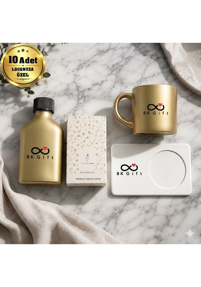 Logonuza Özel 10 Adet Kutulu Ahşap Altlıklı Gold Fincan & Kolonya & & Aromalı Kahve Seti Ahşap Kutulu Kurumsal Hediye Seti