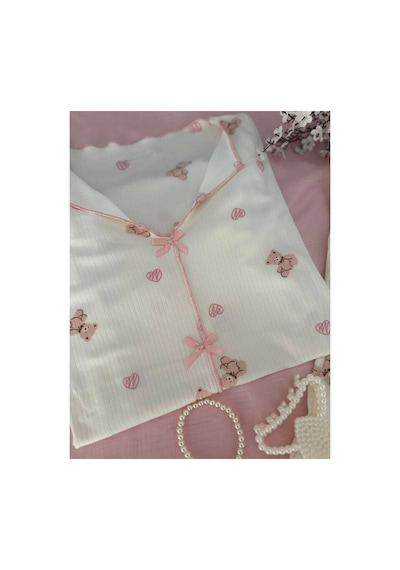 Mh Moony Homewears Kısa Kol Pembe Ayıcık Özel Doku Pijama Takımı Pembe Somon