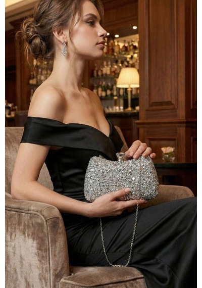 Vivazzaluxe Kristal Taşlı Kadın Abiye, Clutch Çanta Gümüş