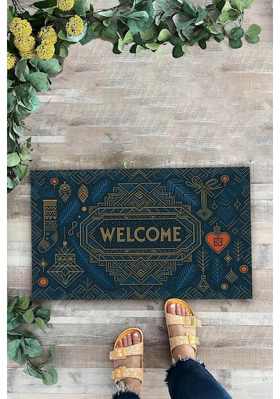 Valerine Life Art Deco Stili Yılbaşı Yeni Yıl Noel Welcome Hoş Geldiniz Kapı Önü Paspası 45x70cm Kahverengi