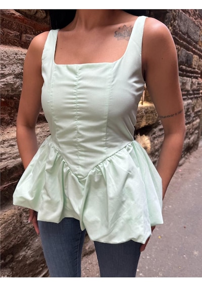 WeShaya Mint Pamuk Polyester Kare Yaka Bluz Mint