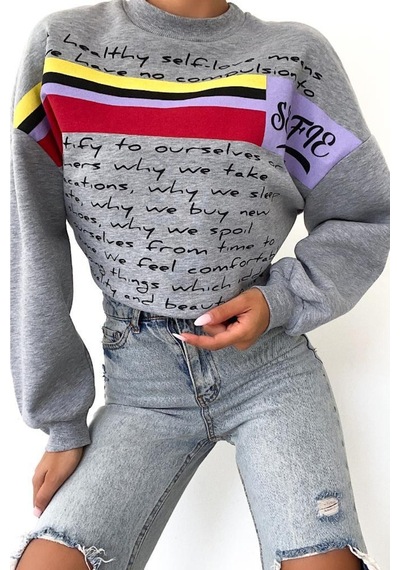 Femelle Yeni Sezon Selfie Baskılı Pamuklu Oversize Sweatshirt Gri