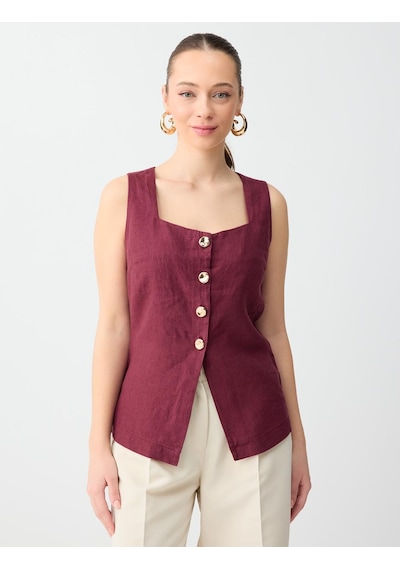Jimmy Key Bordo %100 Keten Parlak Düğme Detaylı Düz Kesim Yelek 6sw306649562