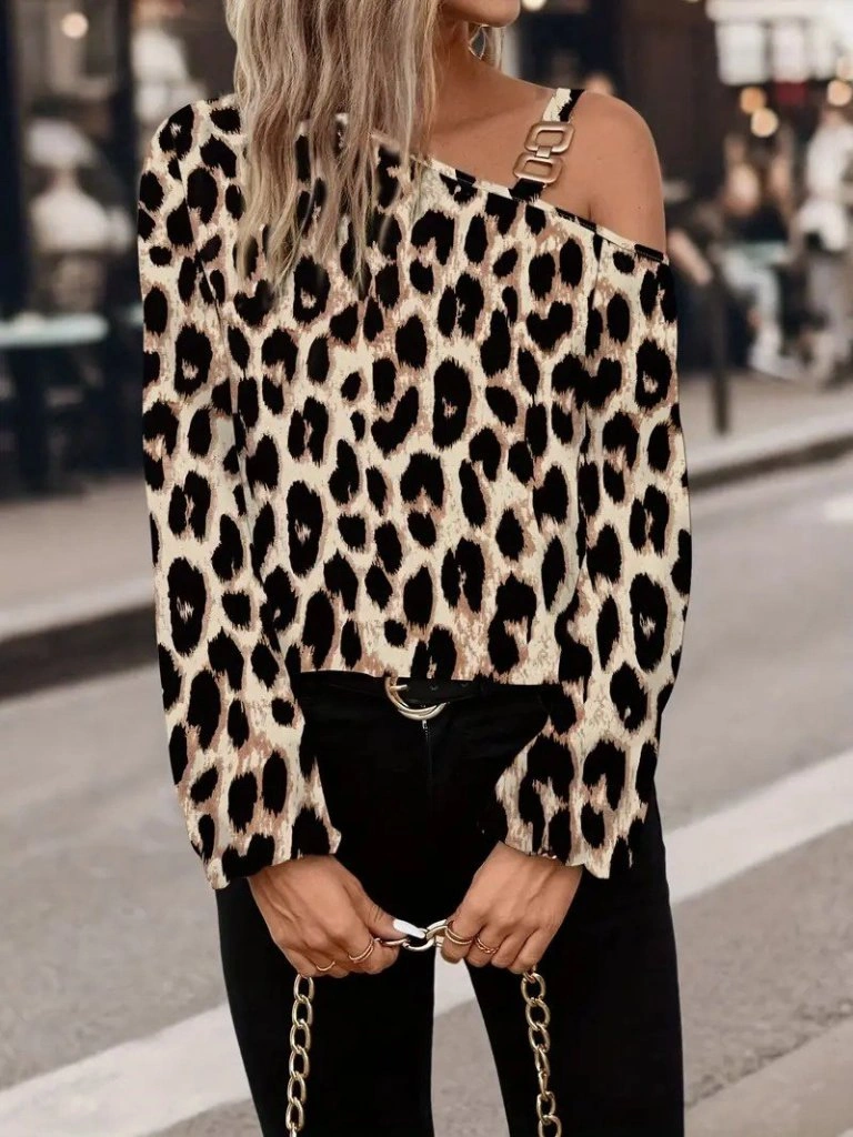 Suma Kadın Leopar Desenli Modal Bluz Uzun Kollu Tokalı