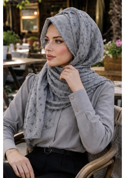 Aişe Tesettür Gri Siyah Baskılı Şapka Şal Gri - Siyah