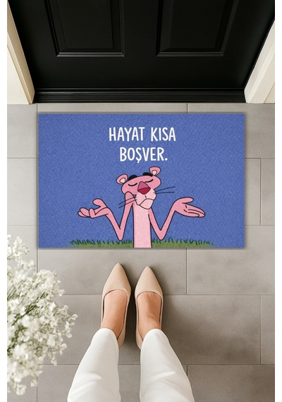 Rugmood Modern Dijital Baskı Paspas - Hayat Kısa Boşver - Kapı Önü Paspası Mavi