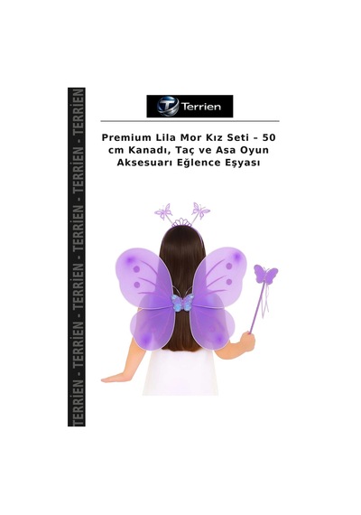 Terrien Premium Lila Mor Kız Seti 50 Cm Kanadı, Taç Ve Asa Oyun Aksesuarı Eğlence Eşyası