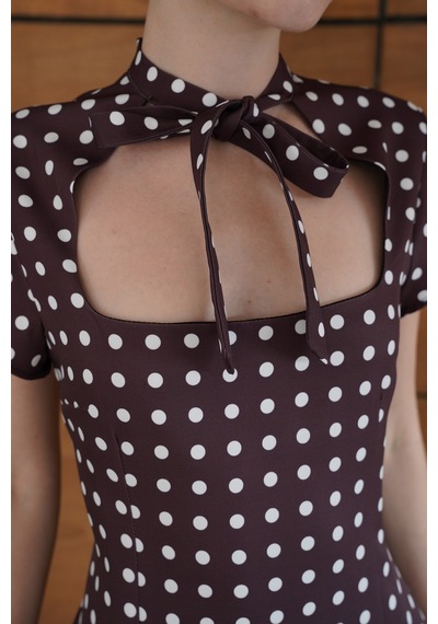 Verymoda Puantiyeli Saten Elbise D2978 Kahve
