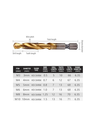 Klavuz Seti 1/4 Bıts Kendinden Matkap Uçlu M3 M4 M5 M6 M8 M10 Titanyum Ahşap Metal Matkap Uçlu