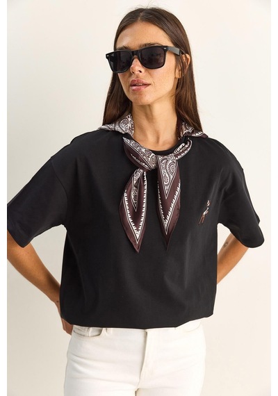 Shade Kadın Ceylan Nakışlı Fularlı Basic Salaş T-shirt 7517 60283977 - Siyah