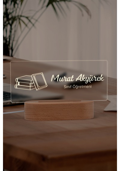 Öğretmenler İçin Kişiye Özel Masa İsimliği Masif Ahşap Tabanlı Usb Kablolu Pleksi Led Gece Lambası