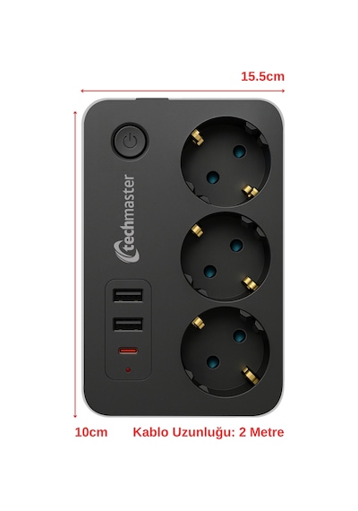 Techmaster 2 Usb + Type-c Akım Ve Çocuk Korumalı 3lü Kare Priz 2mt Diğer