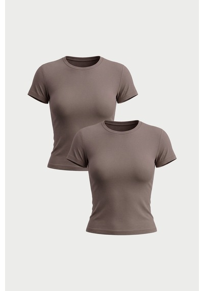 Auw Kadın Bisiklet Yaka Pamuklu Modal T-shirt 2'li - Softfit Vizon - Vizon