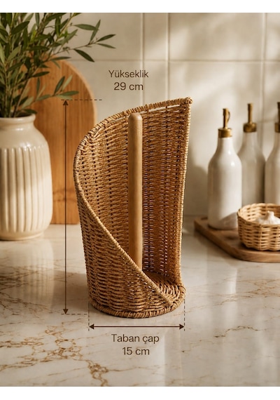 Qerhome Dekoratif Rattan Kağıt Havluluk Standı Bambu Direkli Mutfak Kağıt Havlu Tutacağı Kahverengi