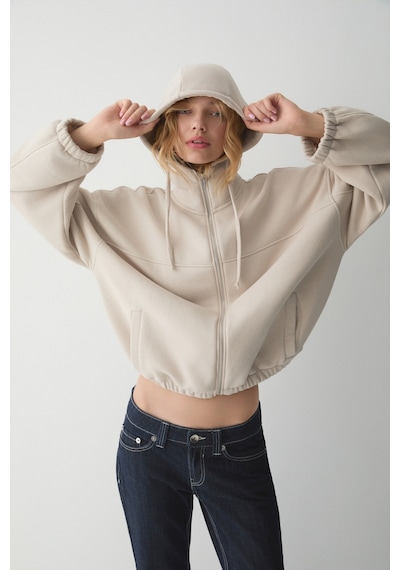ETHIQUET VA IT Kadın Çift Cepli Eteği Ve Kol Ucu astikli Fermuarlı Oversize Taş Rengi Sweatshirt